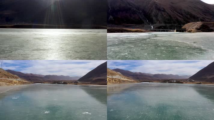 西藏高原湖泊冬季结冰航拍