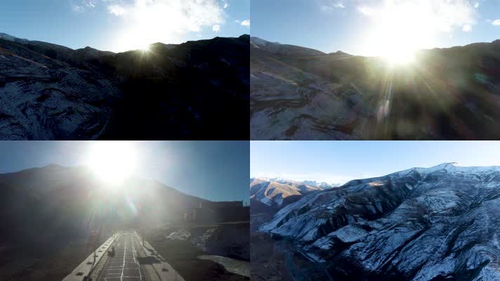 西藏高原雪山秋冬季日出风景航拍