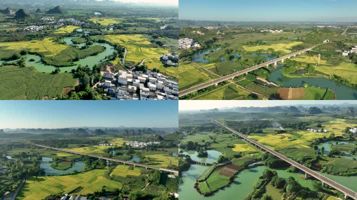 4K航拍隆安博朗村日照田园江水