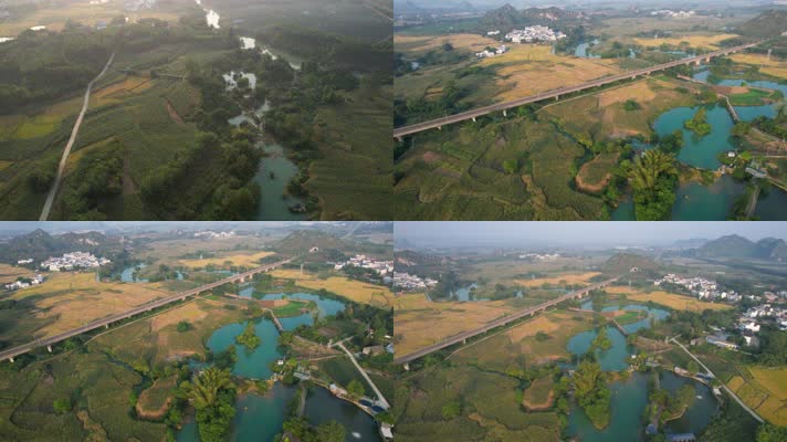 4K航拍广西农田江水动车桥H