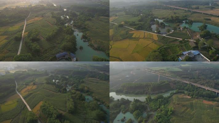 4K航拍隆安博浪村日照农田江水H