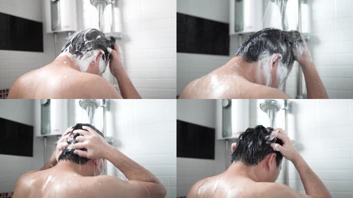 一名男子正在浴室洗头发和沐浴
