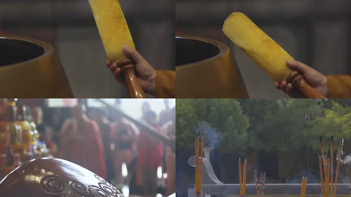 宗教人文寺庙僧人敲木鱼敲梆烧香