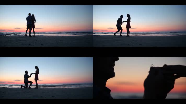 傍晚海滩沙滩上一对情侣拥抱求婚