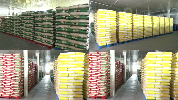 粮油仓库排列整齐的千吨大米生活物资仓库