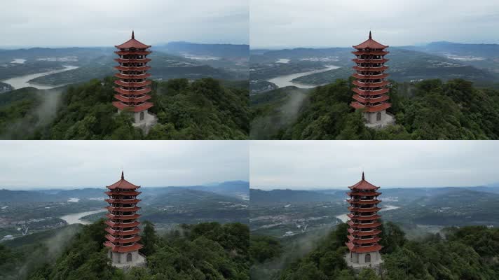 重庆北碚缙云山观景塔自然景观航拍