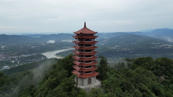 重庆北碚缙云山观景塔自然景观航拍