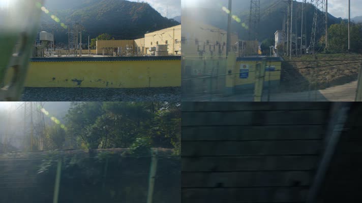 火车上拍摄秋天秦岭山中的城镇