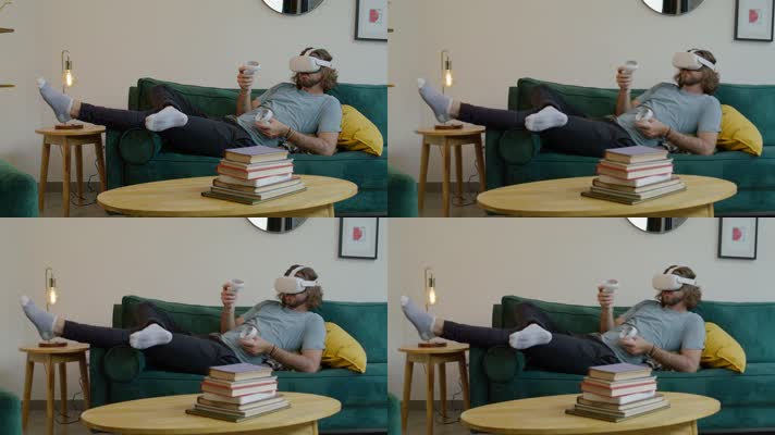 男子休闲居家戴VR眼镜玩游戏