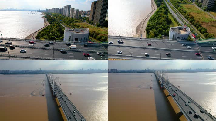 杭州钱塘江九堡大桥江边风景航拍