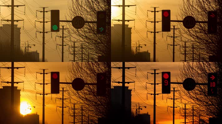 日落城市交通路口信号灯红绿灯电线杆枯树枝