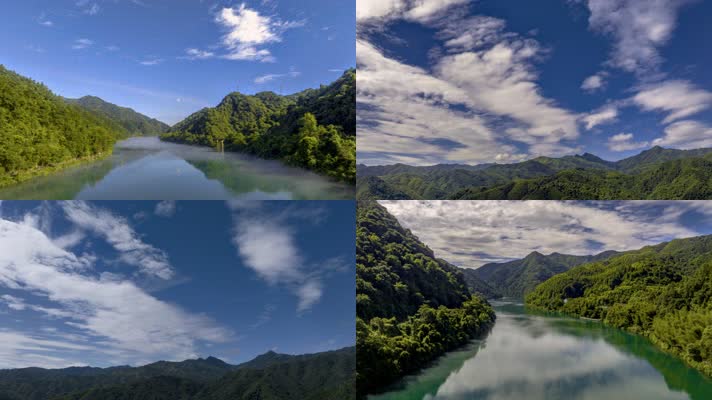 4K延时航拍湖南郴州蓝天白云下的小东江