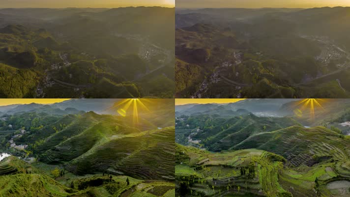 4K延时航拍贵州六盘水妥乐村光芒直射