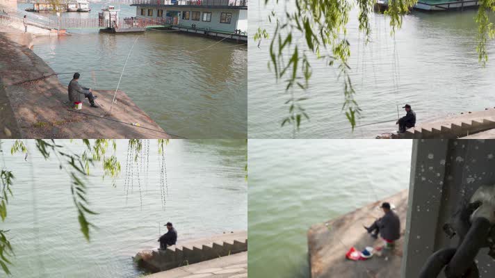 钓鱼的人 河边垂钓 柳树下 一个老人悠闲