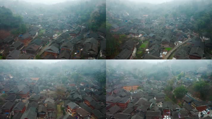 贵州航拍_V1-0107晨雾下的古朴侗寨