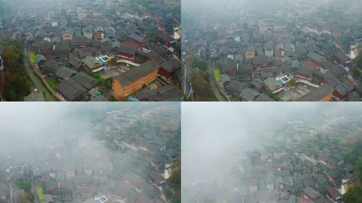 贵州航拍_V1-0102晨雾下的古朴侗寨