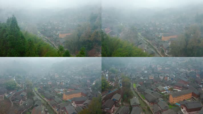 贵州航拍_V1-0101晨雾下的古朴侗寨