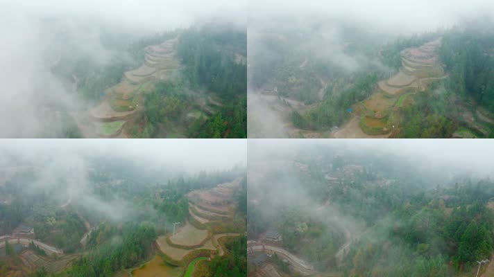 贵州航拍_V1-0100晨雾下的古朴侗寨