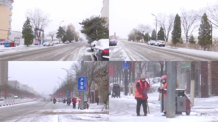 大雪纷飞人们出行困难街路被雪覆盖