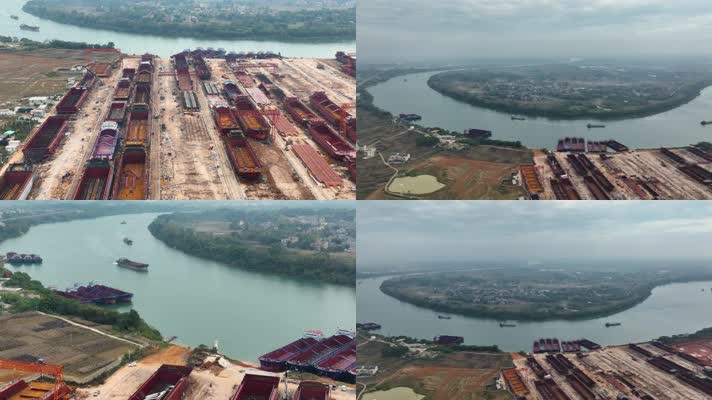 4K航拍桂平郁江货船漂泊