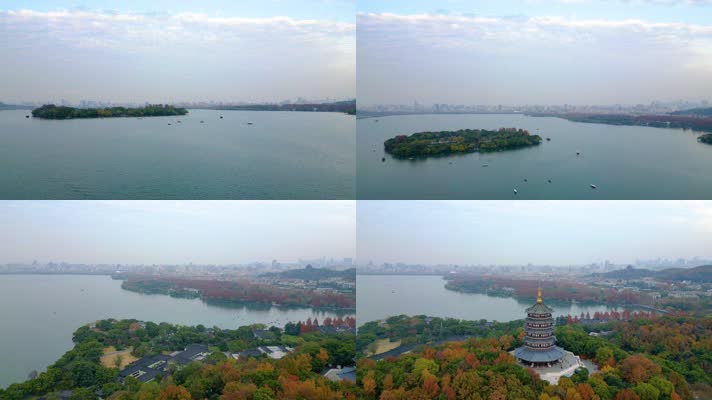 杭州西湖景区三潭印月雷峰塔航拍