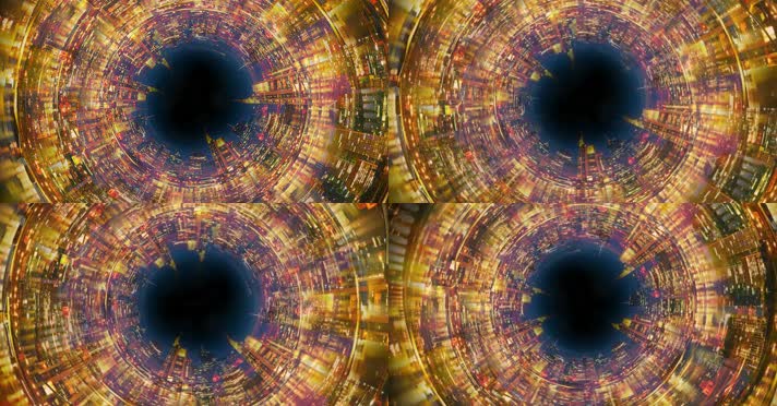 4K循环极坐标粒子城市金色隧道