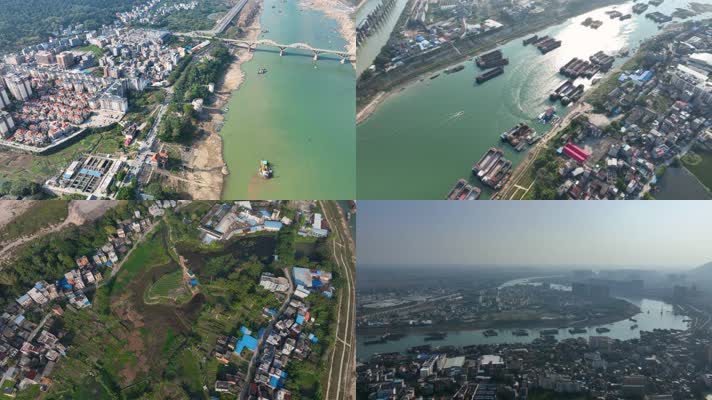 4K航拍桂平市三江口沿岸风光