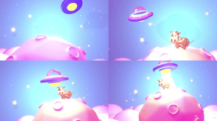 3D卡通飞碟奶牛背景