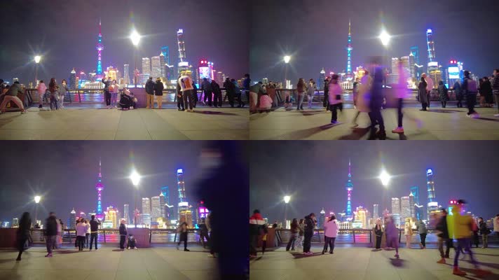 上海外滩游客在游玩延时摄影夜景