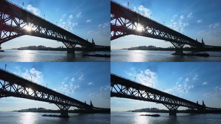 南京长江大桥 阳光穿桥孔 船过桥 (2)