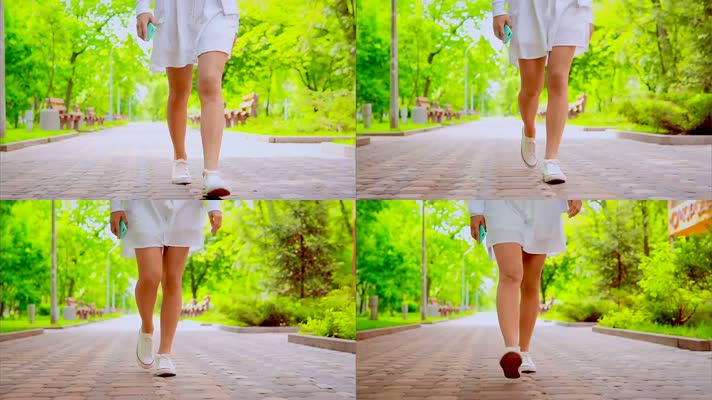 女孩穿白色帆布鞋白裙美腿行走特写