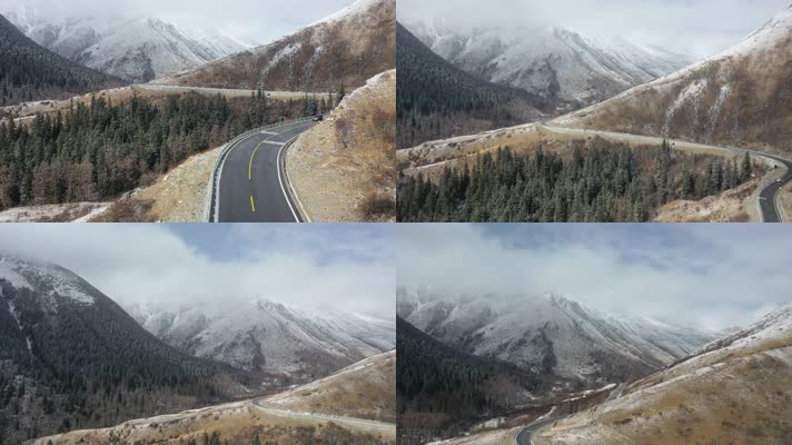 冬日小雪下的达谷冰川公路航拍4k视频