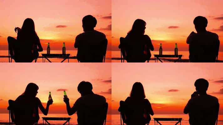 情侣在夕阳的海边喝酒娱乐
