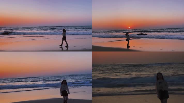 美女海边沙滩行走漫步脚步从日出到日落