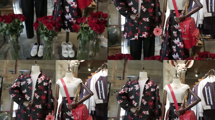 商店橱窗里的鲜花和服装
