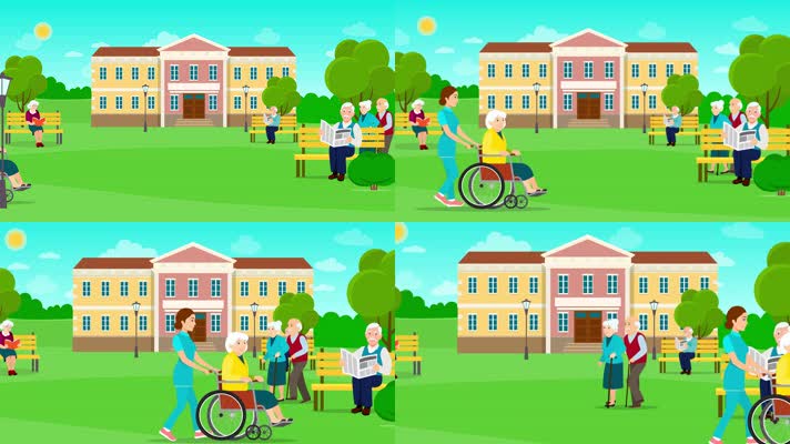 mg人物动画，老人公园看报纸，敬老院修养