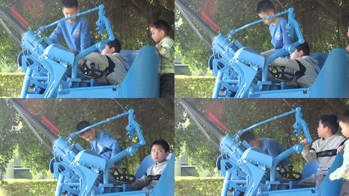 春天阳光孩子们体验战地公园舰炮操作