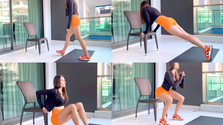 4k女子清晨起床练瑜伽用椅子也能健身