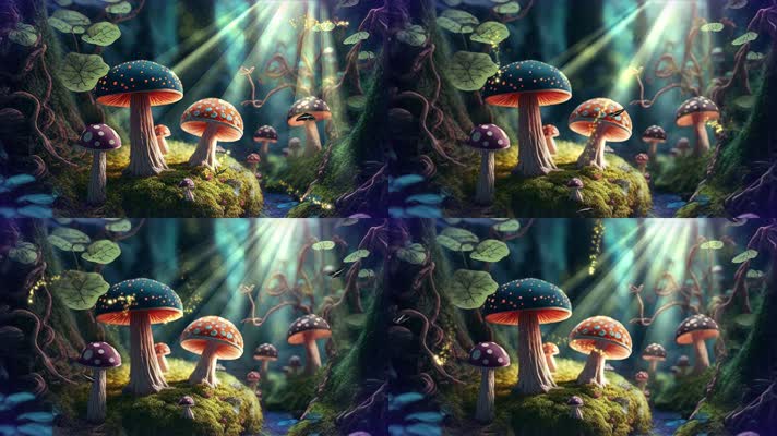 童话森林 蘑菇 蝴蝶 萤火虫 太阳光线 