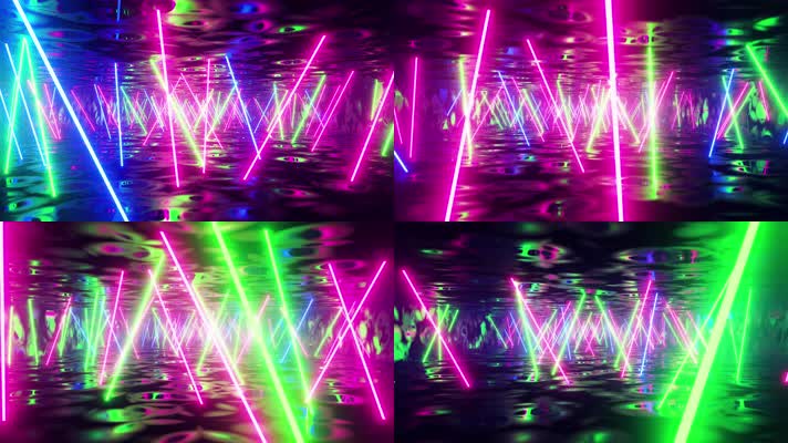 飞过带有五颜六色荧光灯的走廊 4K酒吧背