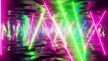 飞过带有五颜六色荧光灯的走廊 4K酒吧背