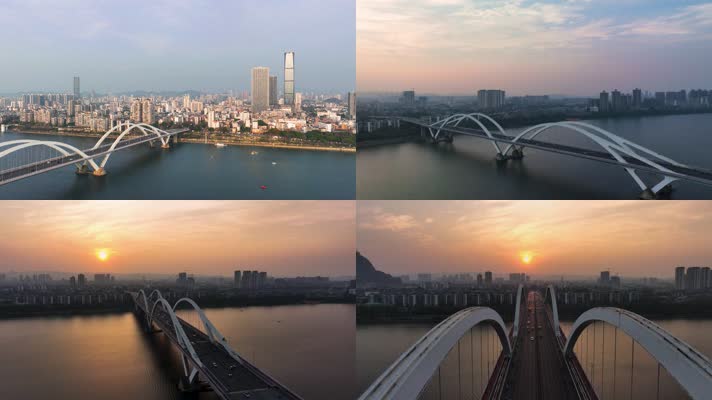 4K航拍广西柳州广雅大桥落日变化