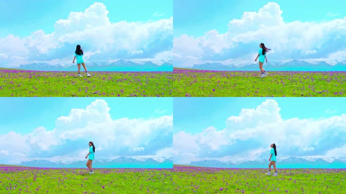 女孩在山花浪漫的草原上写真