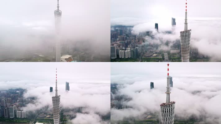 城市地标小蛮腰雨后平流雾穿云航拍4K视频