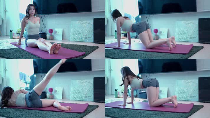 4K-漂亮韩国小姐姐年轻女子在家做瑜伽
