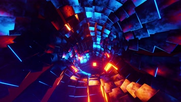飞越蓝色和橙色金属立方体隧道 无缝循环 