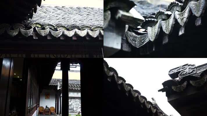 徽派建筑下雨的特写场景