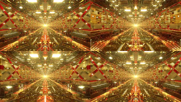 令人惊叹的金色科幻隧道环 沿着高度详细的