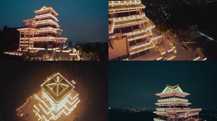 佛山展旗楼岭南网红汤屋夜景灯光航拍4K视频