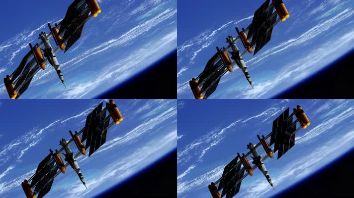 停靠的航天飞机绕地球运行的空间站4K